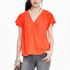 Banana Republic Short Sleeve Pleated Wrap Top in Neon Sunset Orange, size M